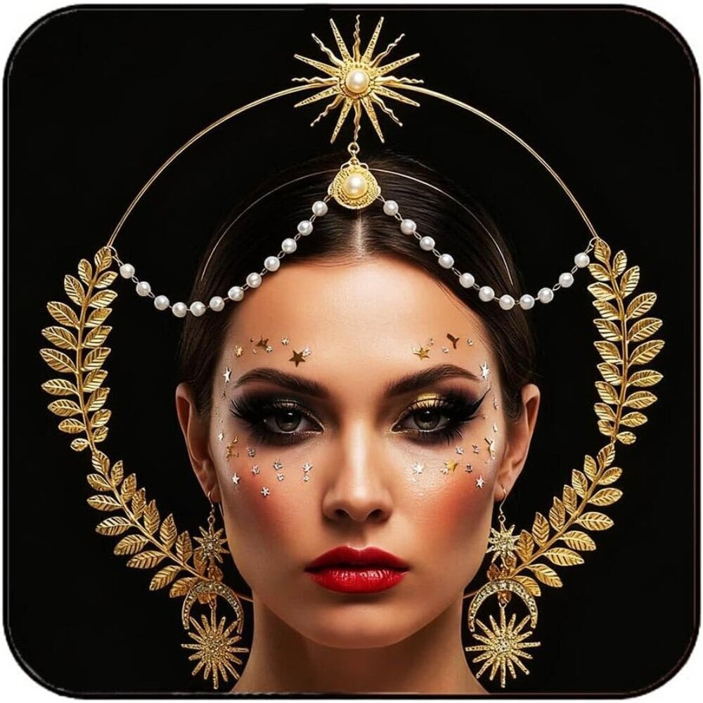 Greek Goddess Accessories Gold Leaf Halo Crown Star Headband Earrings Women